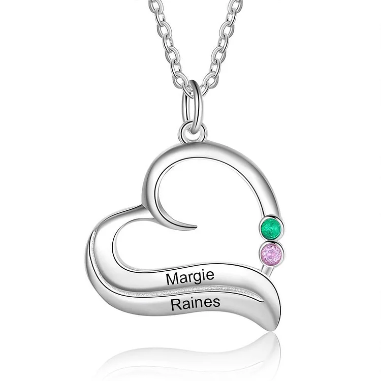 Heart Pendant Necklace with 2 Birthstones Engraved 2 Names