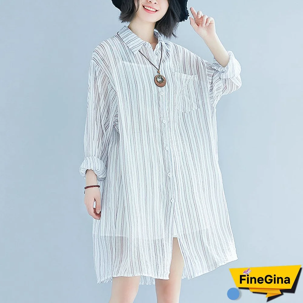 boutique striped cotton dress oversized vintage long sleeve Turn-down Collar cotton dress