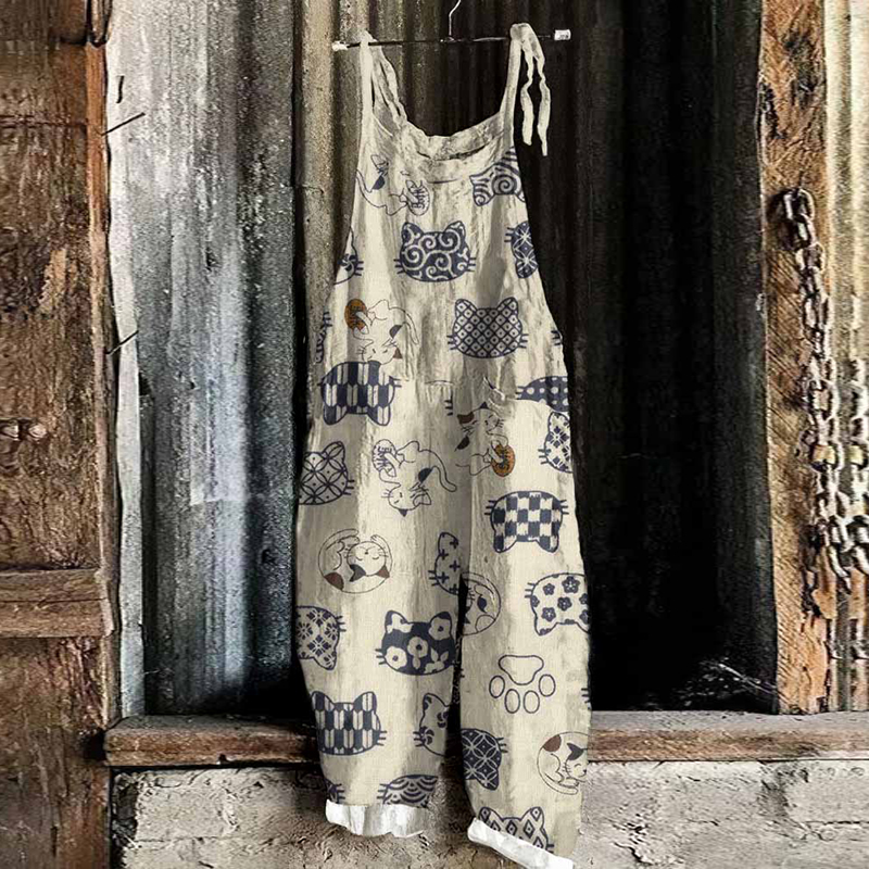 Comstylish Vintage Cute Cat Japanese Art Print Casual Loose Jumpsuit