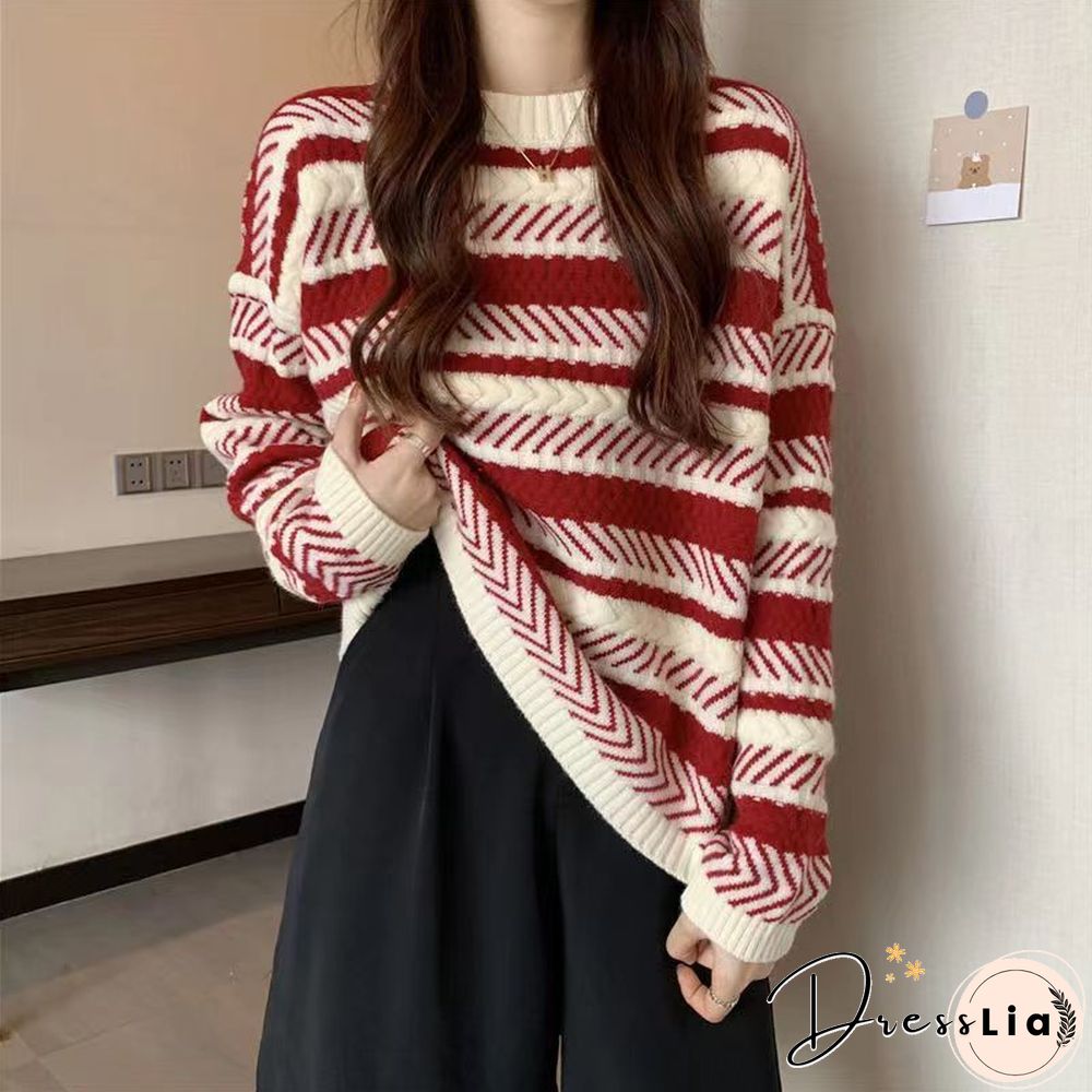 Korean Striped Sweet Knitted Sweaters Women Fashion Harajuku Autumn Winter Lazy Wind Y2k Pullovers Casual All-match Tops
