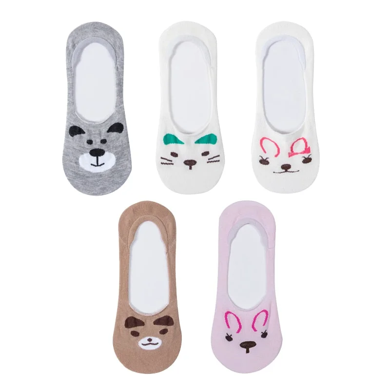 5 Pairs Lot Cotton Women Socks Female Casual Boat 3D Pack Cartoon Harajuku Cat Cute Heart Invisiable Funny Girl Ankle Sock Set