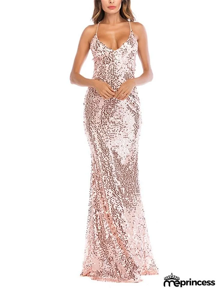 Shiny Sequined Spaghetti Strap Backless Maxi Dress for Party