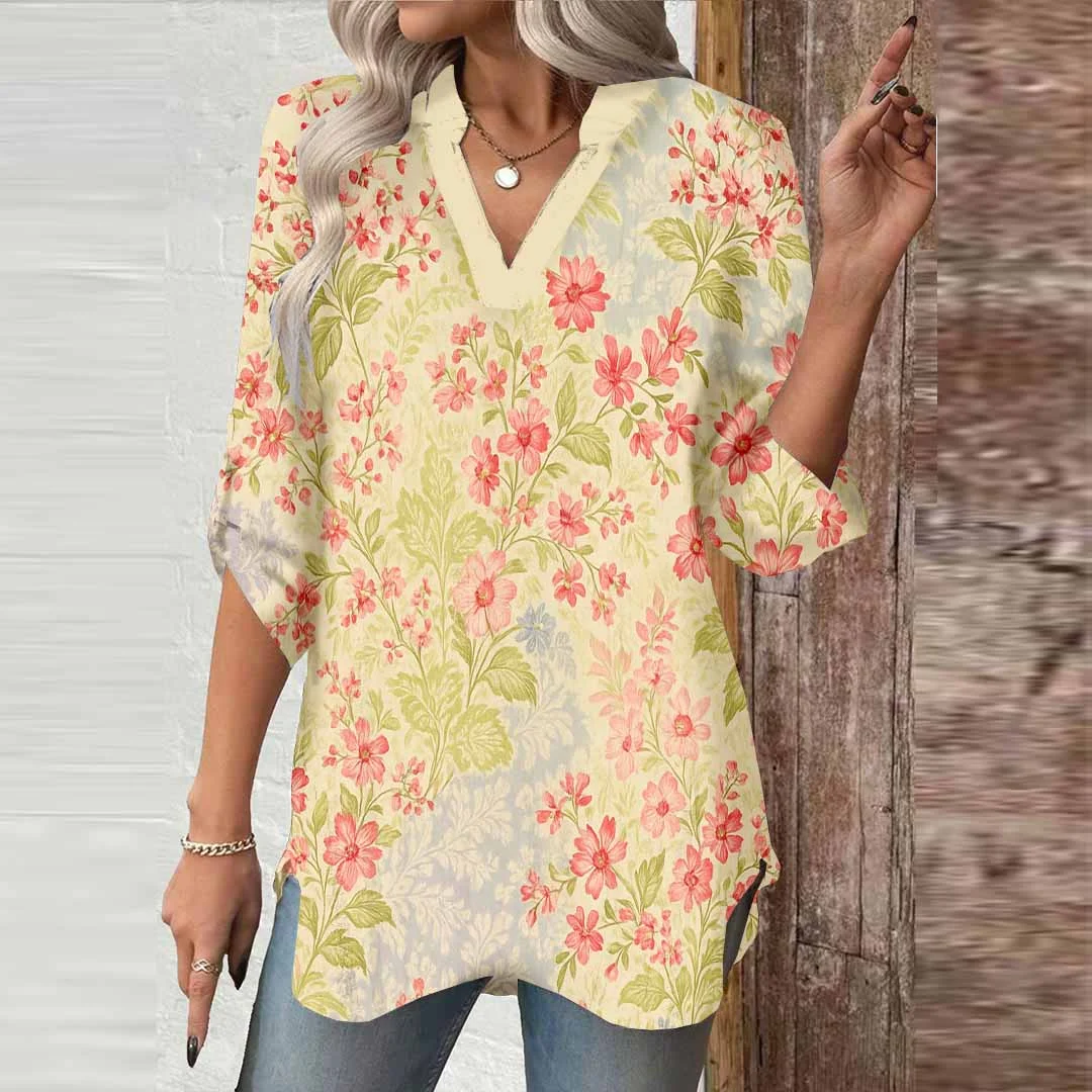 Women Floral, Pink, Green DZGA0071 3/4 Sleeve V-neck Printed Graphic Button Tops