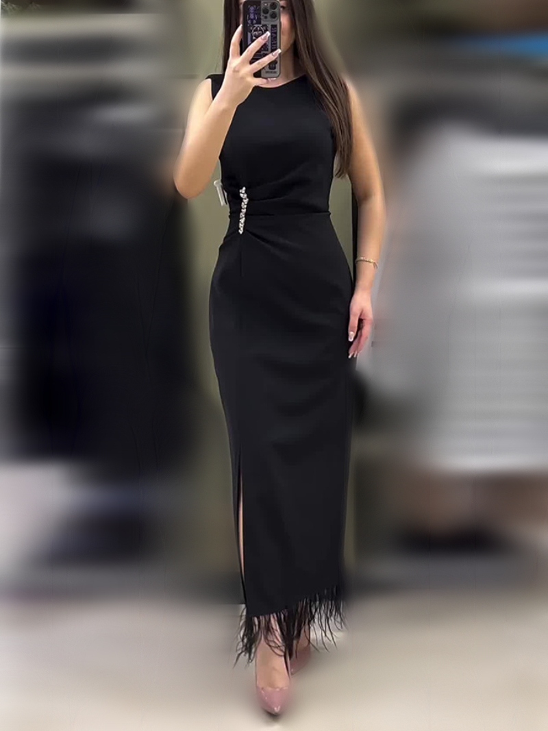 Elegant Round Neck Solid Color Sleeveless Slim Fit Hem Fringed Dress | Oxredo Shop Ramadan Sale