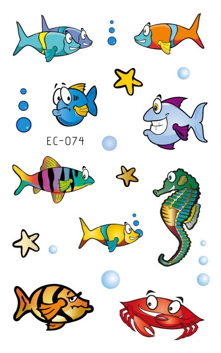24 kinds Temporary Tattoo Stickers for Kids Cute Cartoon Tropical Fish Marine faux tatouage temporaire Disposable Children Gift