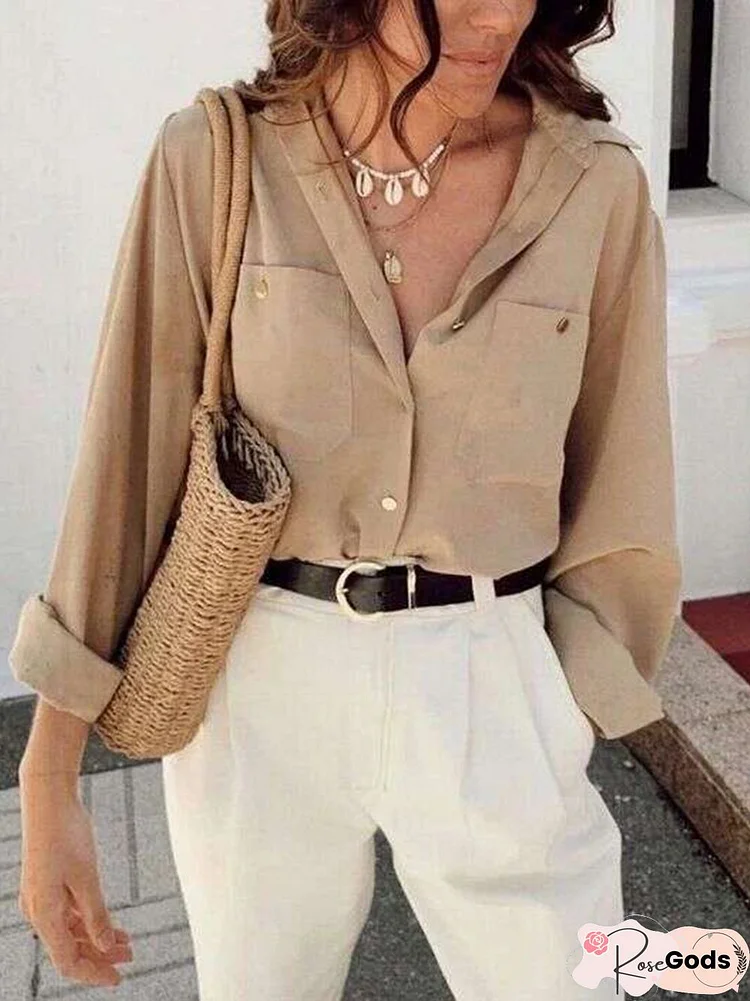 Camel Urban Loose Plain Buttoned Blouse