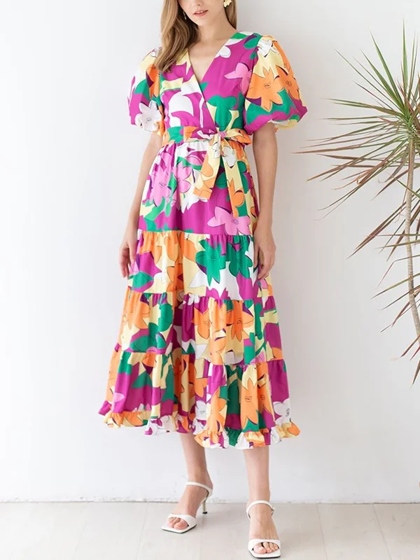 V-Neck Short Sleeve Colorful Print Dress