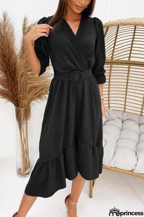 Ruffles V Neck Half Sleeve Dress