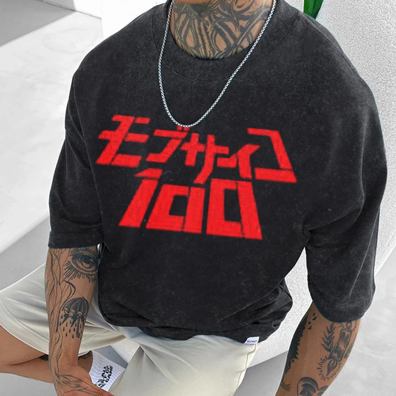 Washed And Distressed Passerby Super 100 Anime Print T-Shirt