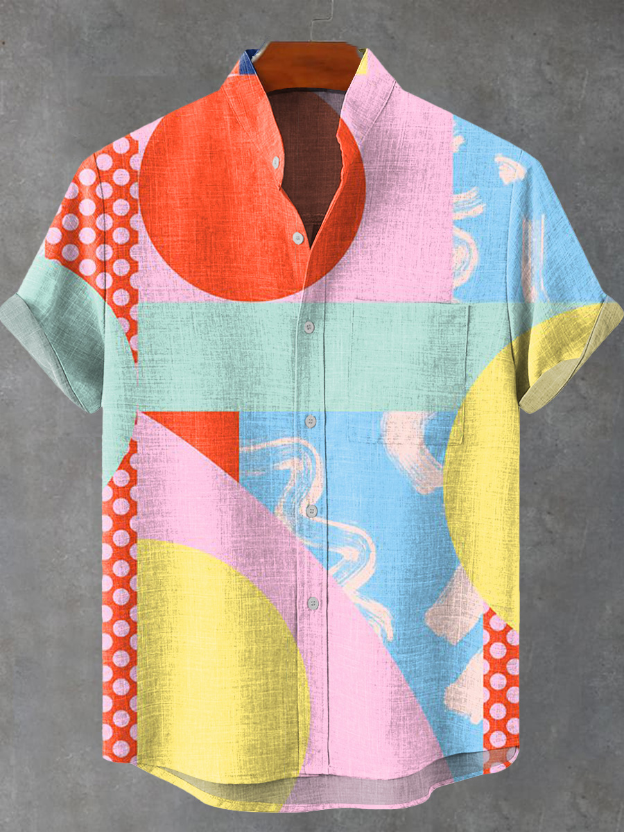 Vintage Abstract Colorful Geometric Color Block Art Print Casual 100% Cotton Shirt