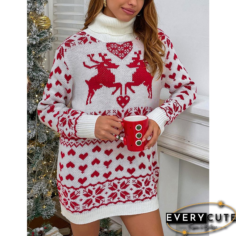 Red High Collar Elk Heart Sweater Dress