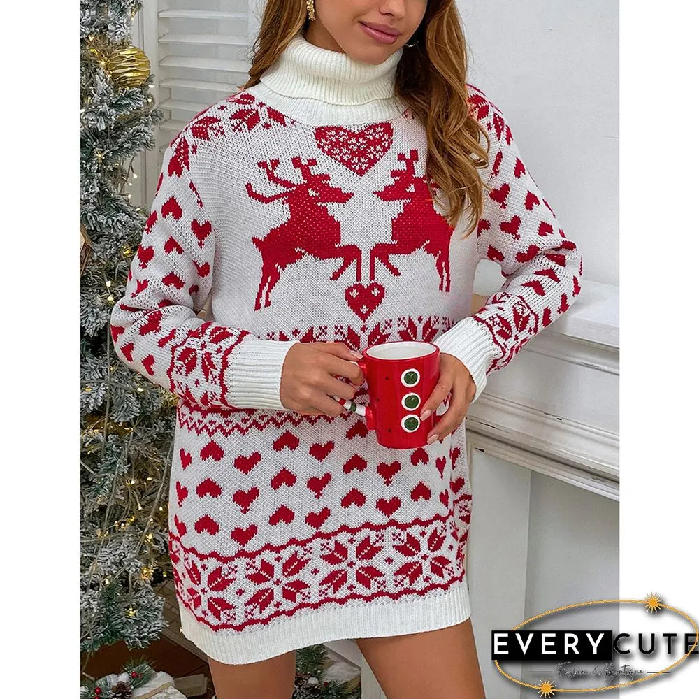 Red High Collar Elk Heart Sweater Dress