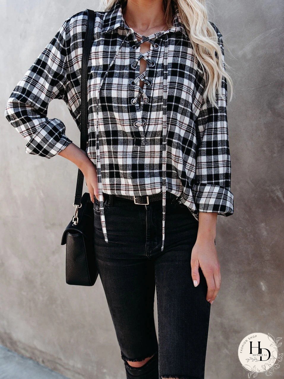 Blouses Plaid Half-Placketed Belted Lapel Comfortable Blouses for Women