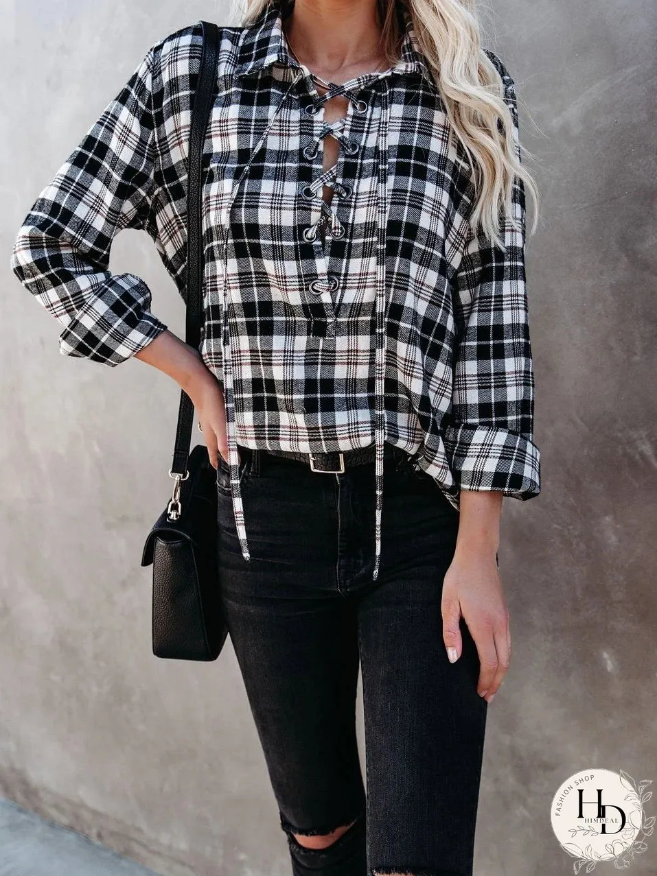 Blouses Plaid Half-Placketed Belted Lapel Comfortable Blouses for Women
