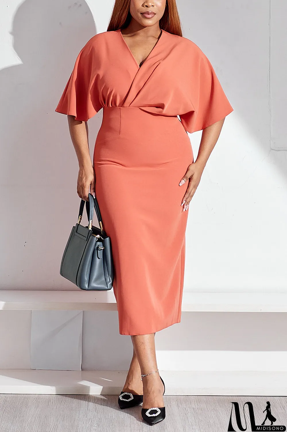 MidiSono - Black Plus Size Casual Simplicity Basis Solid Color V Neck Wrapped Skirt