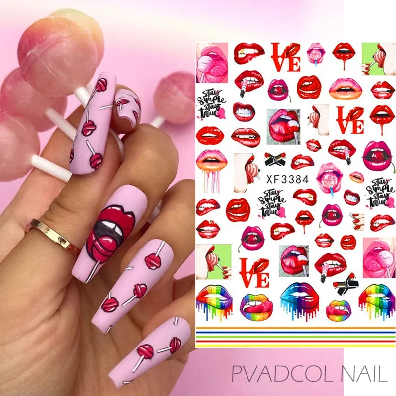 Pop Art Nails Stickers Sexy Red lips Lollipop Bubble Gum Lettering Nail Deals Sliders Wow Hot Cool Girl Style Nail Sticker Decor-Nail Inspo