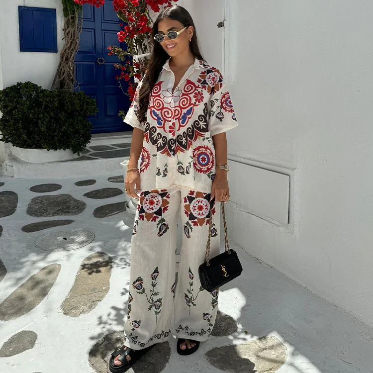 Printed Short Sleeve Shirt and Pants Set