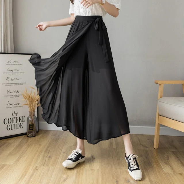 S-XXL Black/Blue/Pink Korean Style Pleated Chiffon Plus Size High Waist Pants SP17370
