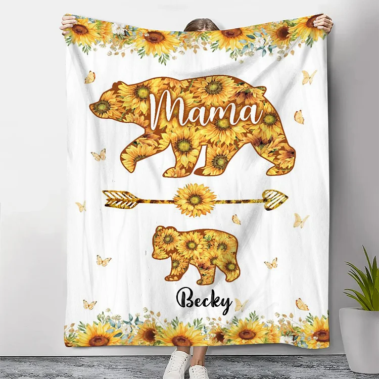 Personalised 1 Name Blanket Sunflowers Bears Family Blanket Mother's Day Gift for Mama