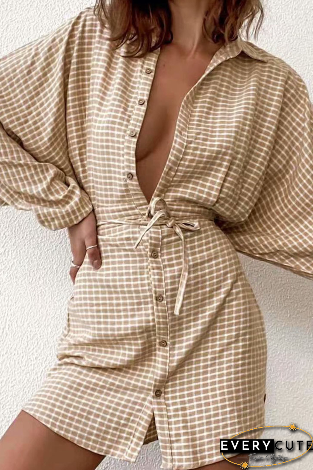 Fashion Elegant Plaid Frenulum Buckle Turndown Collar Straight Dresses