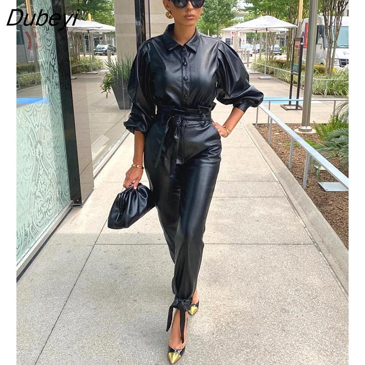 Dubeyi Faux Leather PU Two 2 Piece Set for Women Fall Winter Fitness Outfits Lantern Sleeve Tops + Pants Set Street Tracksuit
