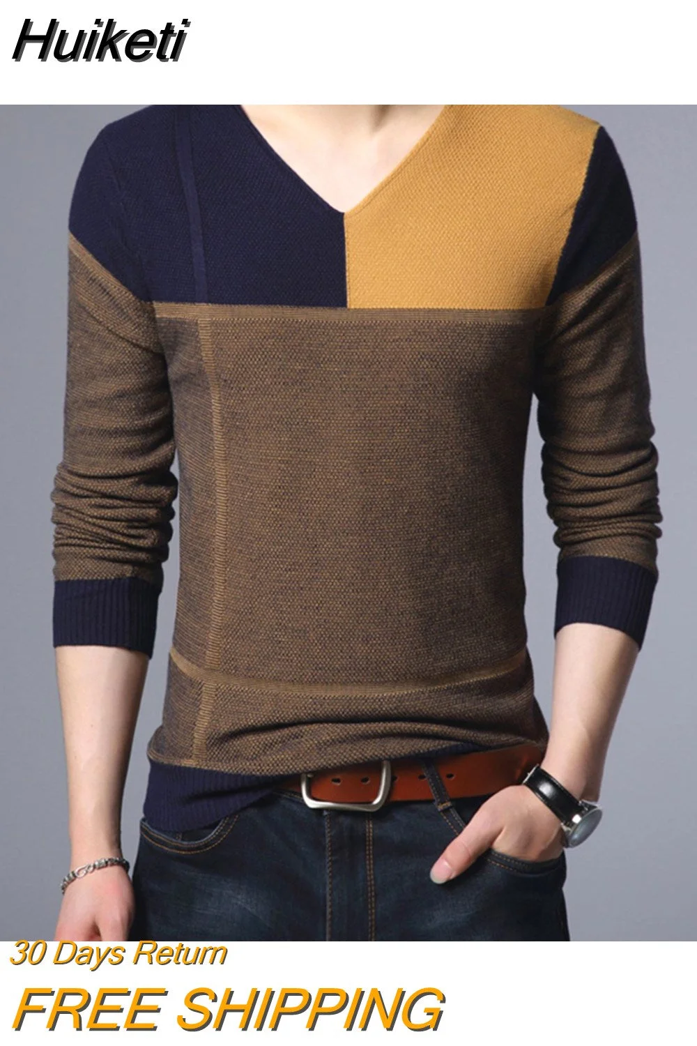 Huiketi Men Pullover Fashion V Neck Spring Autumn Slim Fit Knit Patchwork Striped Male Sweater Casual Jumpers Outwear Full Sweater