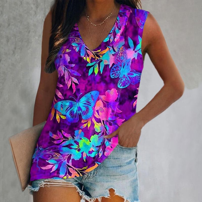 Color Butterflies Floral Tie-dye V-neck Sleeveless Vest