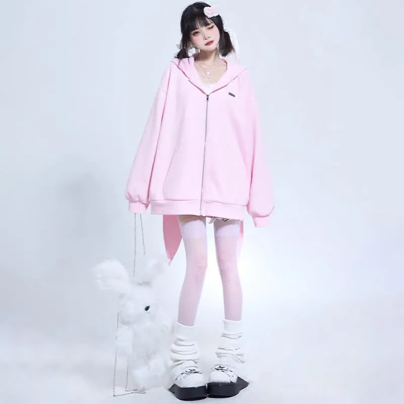 Long Bunny Ears Pocket Oversize Zipper Hooded Sweatshirt