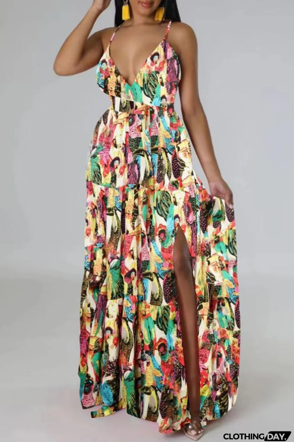 Multi-color Sexy Casual Print Backless Slit Spaghetti Strap Long Dress Dresses