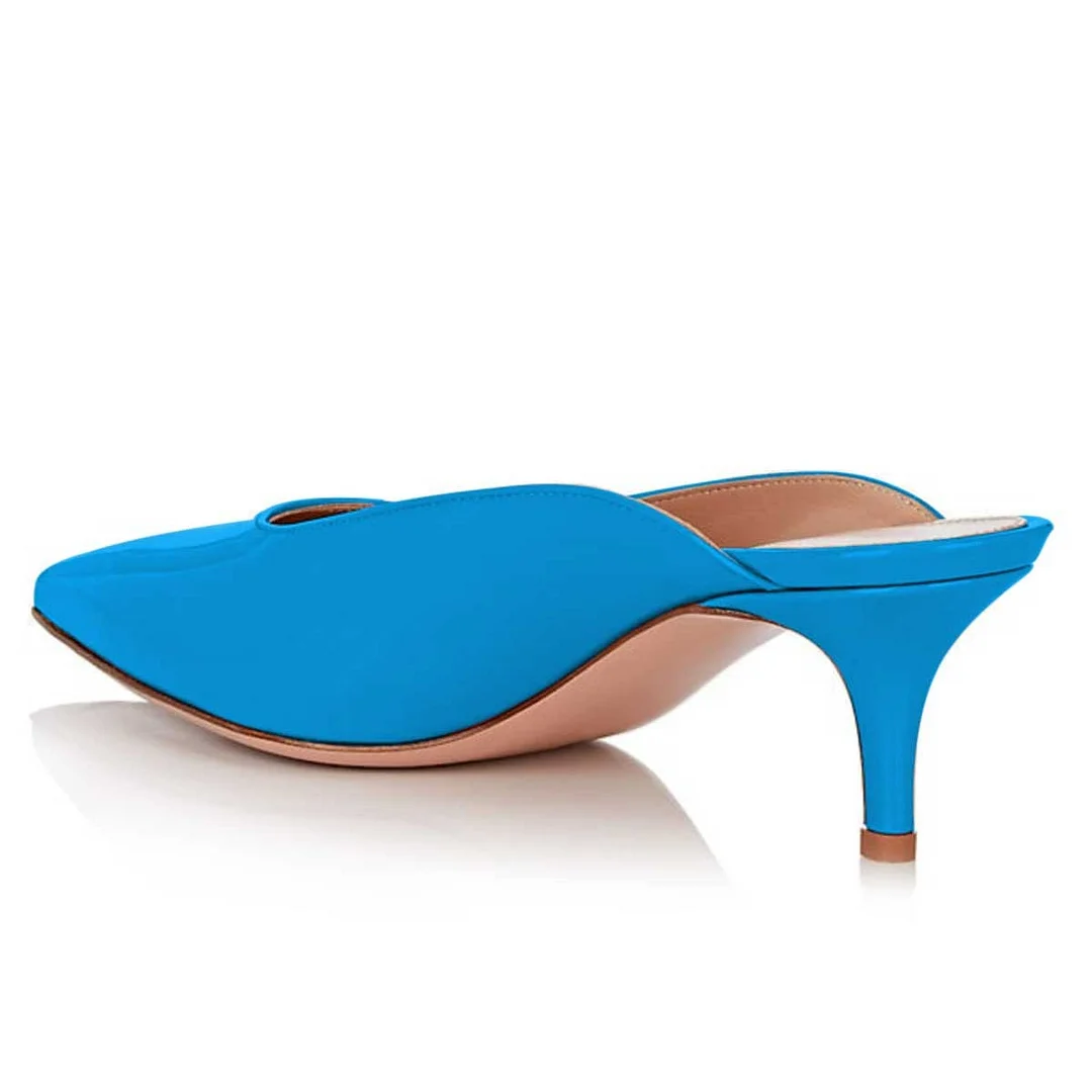 Patent Leather Pointed Toe Low Heel Mule Shoes for Women in Blue