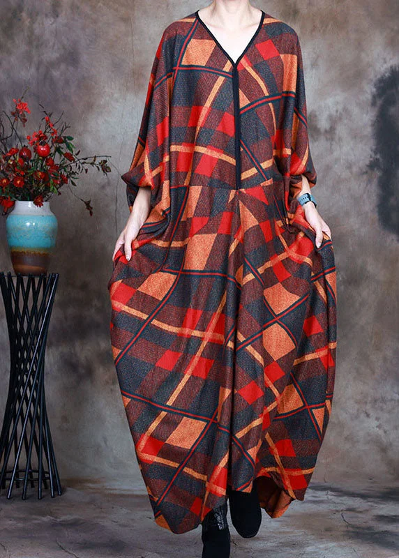 Organic V Neck Print Plaid Holiday Dress