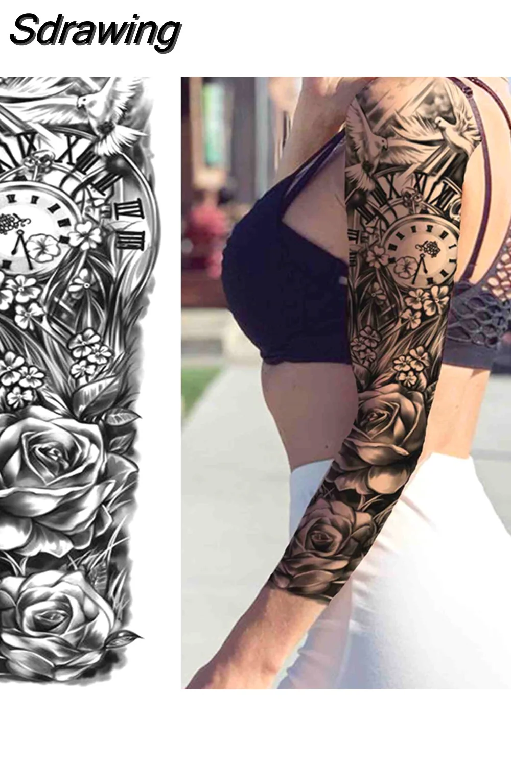 Sdrawing Totem Temporary Tattoo Sleeve For Men Women Adult Fake Flower Shoulder Tatoos Sticker Black Skull Tattoos Big Full Arm 521-0