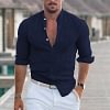 Men's Linen Shirt Henley Casual Outdoor Shirt Long Sleeve Plain Collar Casual Hawaiian Clothing by Inlyline