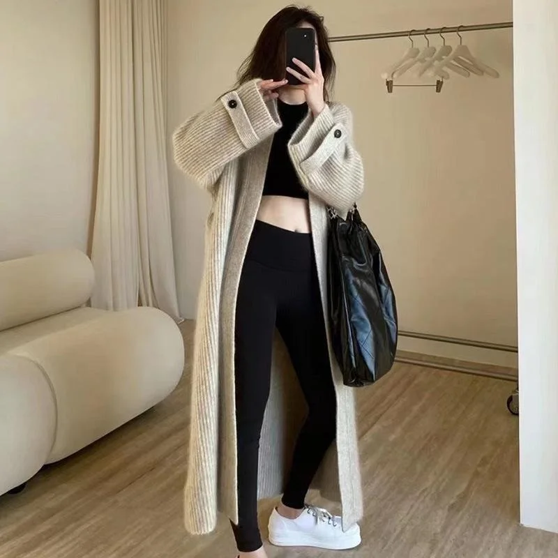 Churchf Winter New Style Korean Department Long Sweater Coat Female Loose Fashionable Languid Lazy Wind Design Feeling Knitting Cardigan Female