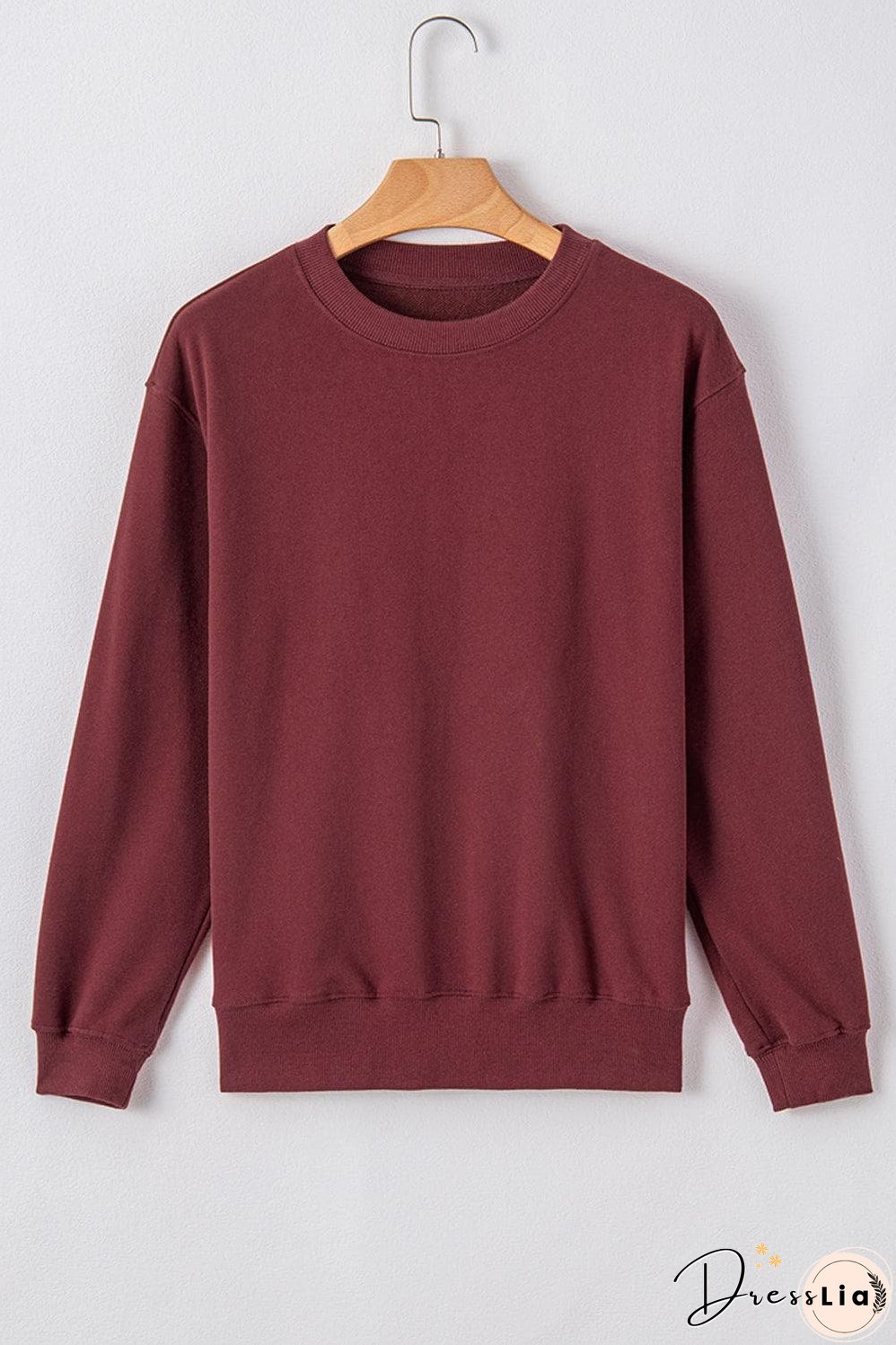 Burgundy Plain Drop Shoulder Crewneck Pullover Sweatshirt