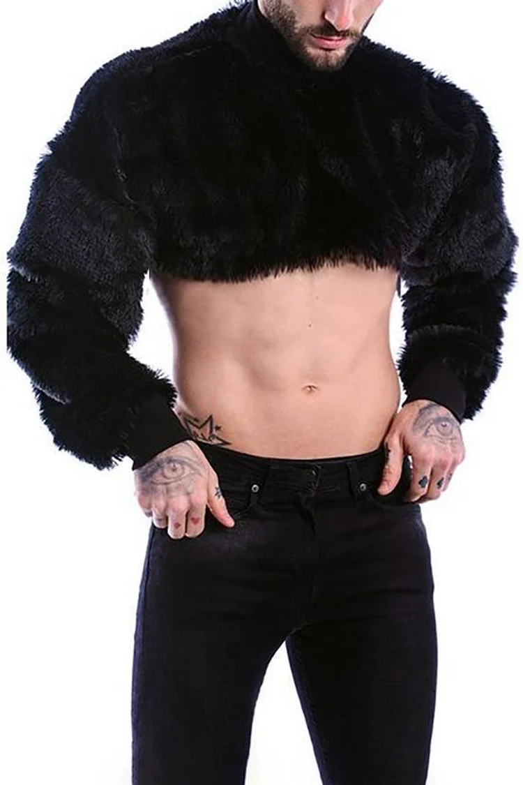 Ciciful Fuzzy Crop Faux Fur Long Sleeve Black Crop Top