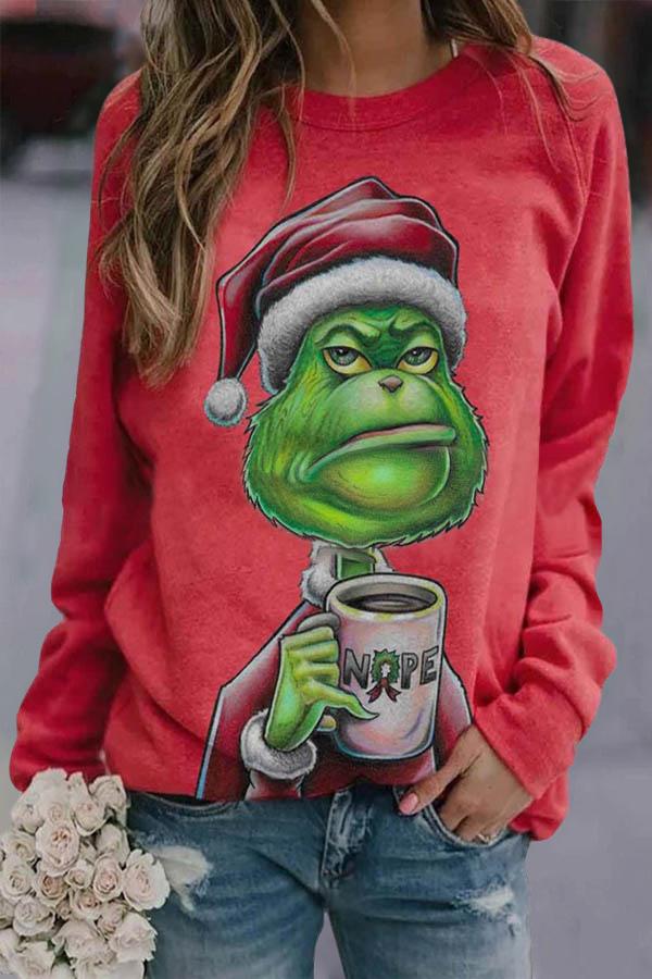 Cartoon Pouting Grinch Stole Wearing Christmas Hat Holding Cup Print Sweatshirt