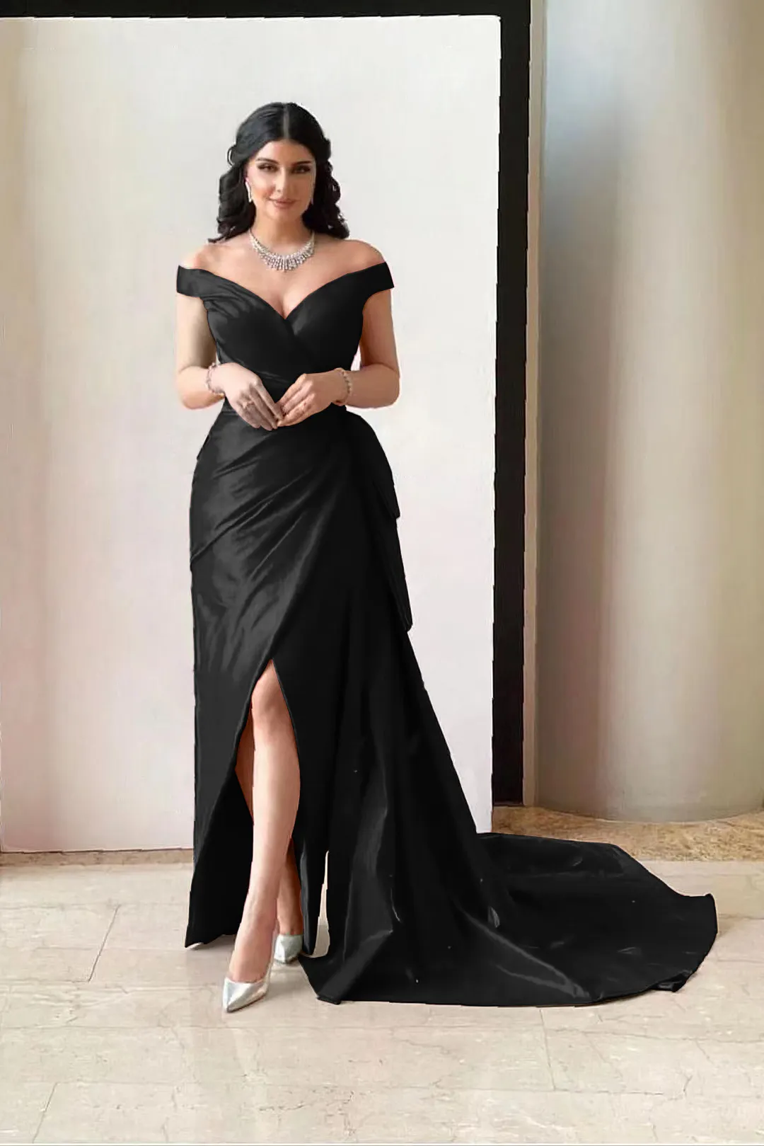 Fuchsia Off-Shoulder Tulle Prom Dress Formal Dress with Split main image 1