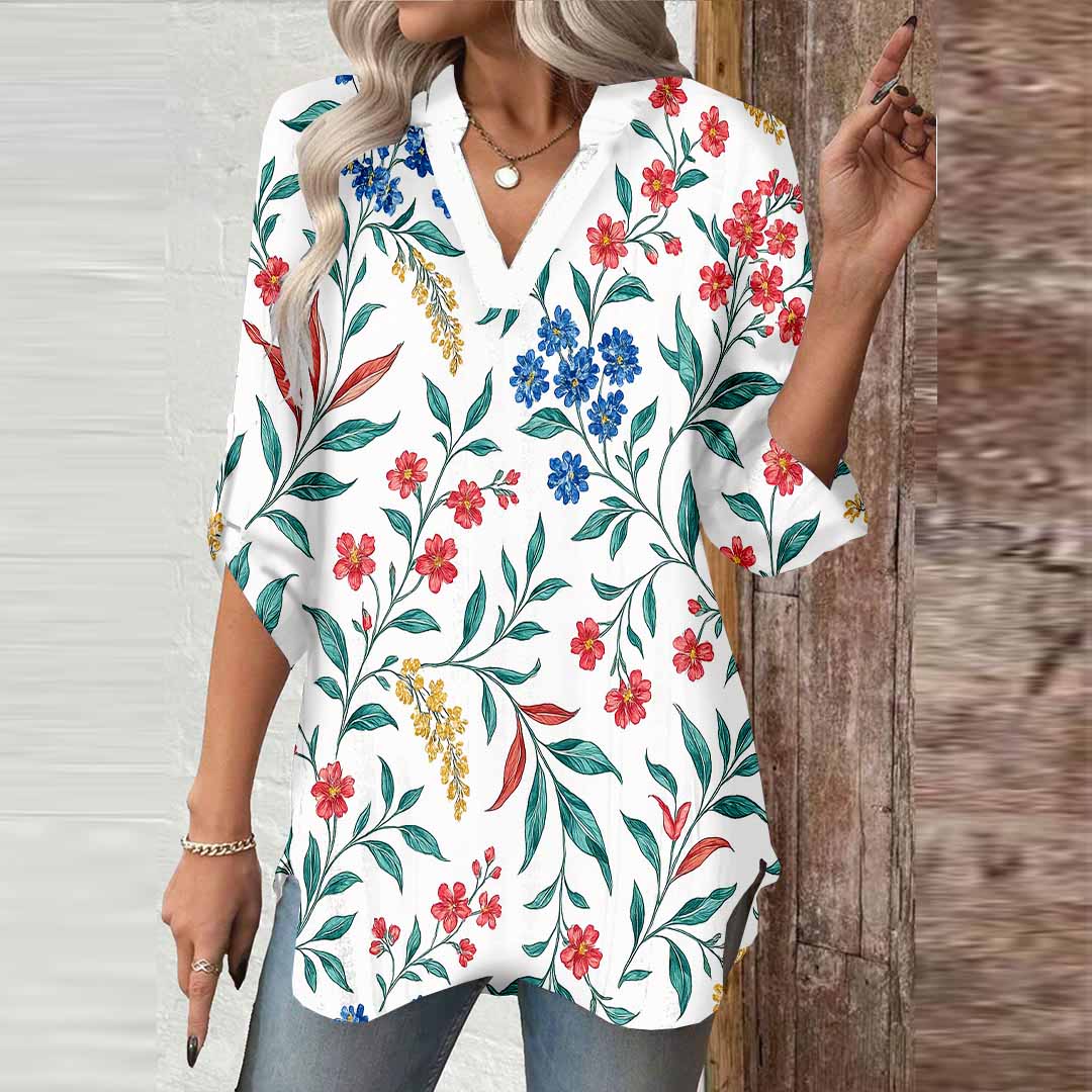 Women Floral, Red DZGA0076 3/4 Sleeve V-neck Printed Graphic Button Tops