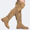 Women's Vintage Tassel Solid Low Heel Thigh High Boots