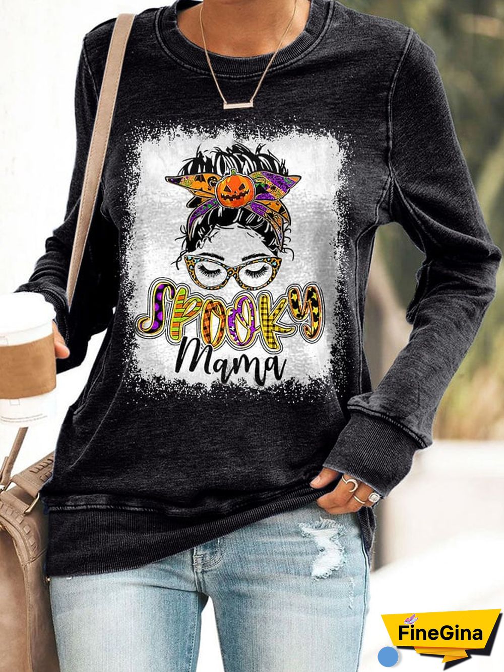 Halloween Pumpkin Spooky Mama Print Sweatshirt