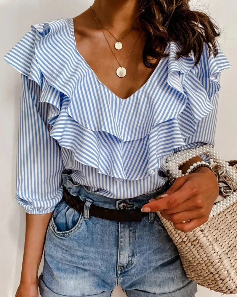 Oocharger New Blue Striped Ruffles Collar Blouse for Women Summer Tops Office Lady Half Sleeve V-Neck Shirts Elegant Women Blouse