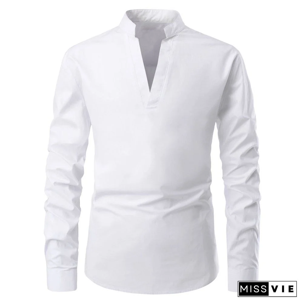 Casual Men Stand Collar Long Sleeve Shirt