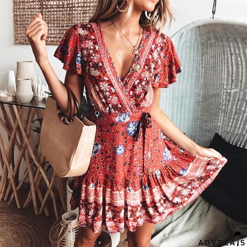 Boho Printed V Neck A-Line Dress