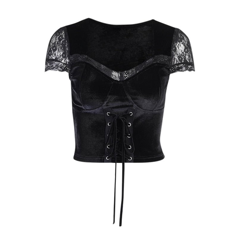 InsGoth Aesthetic Sexy Black T-Shirts Goth Vintage Sexy Lace Trim Corset Tops Elegant Gothic Short Sleeve Bodycon Summer T Shirt