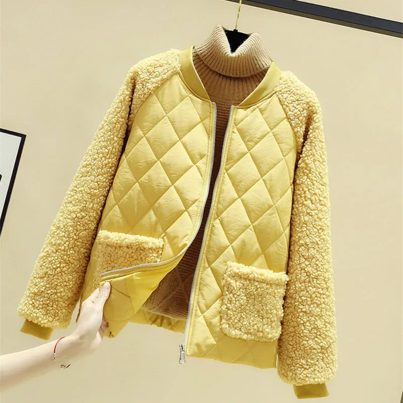 Short cotton jacket women autumn winter lambswool splice parka plus size loose warm outerwear female cotton-padded jackets 3293