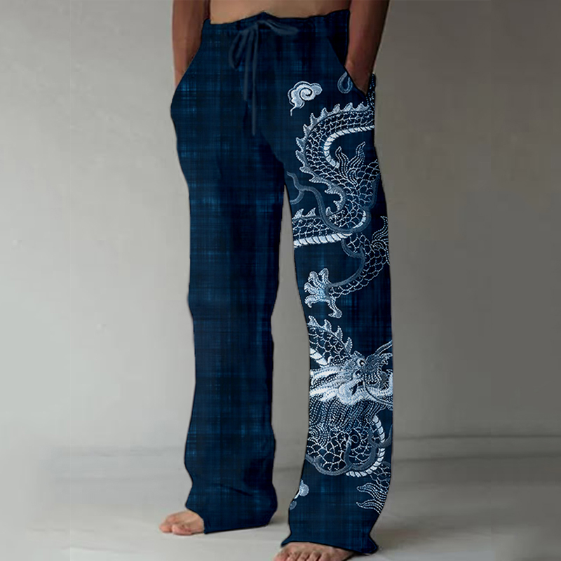 Vintage Dragon Japanese Sashiko Art Comfy Linen Pants  artssus