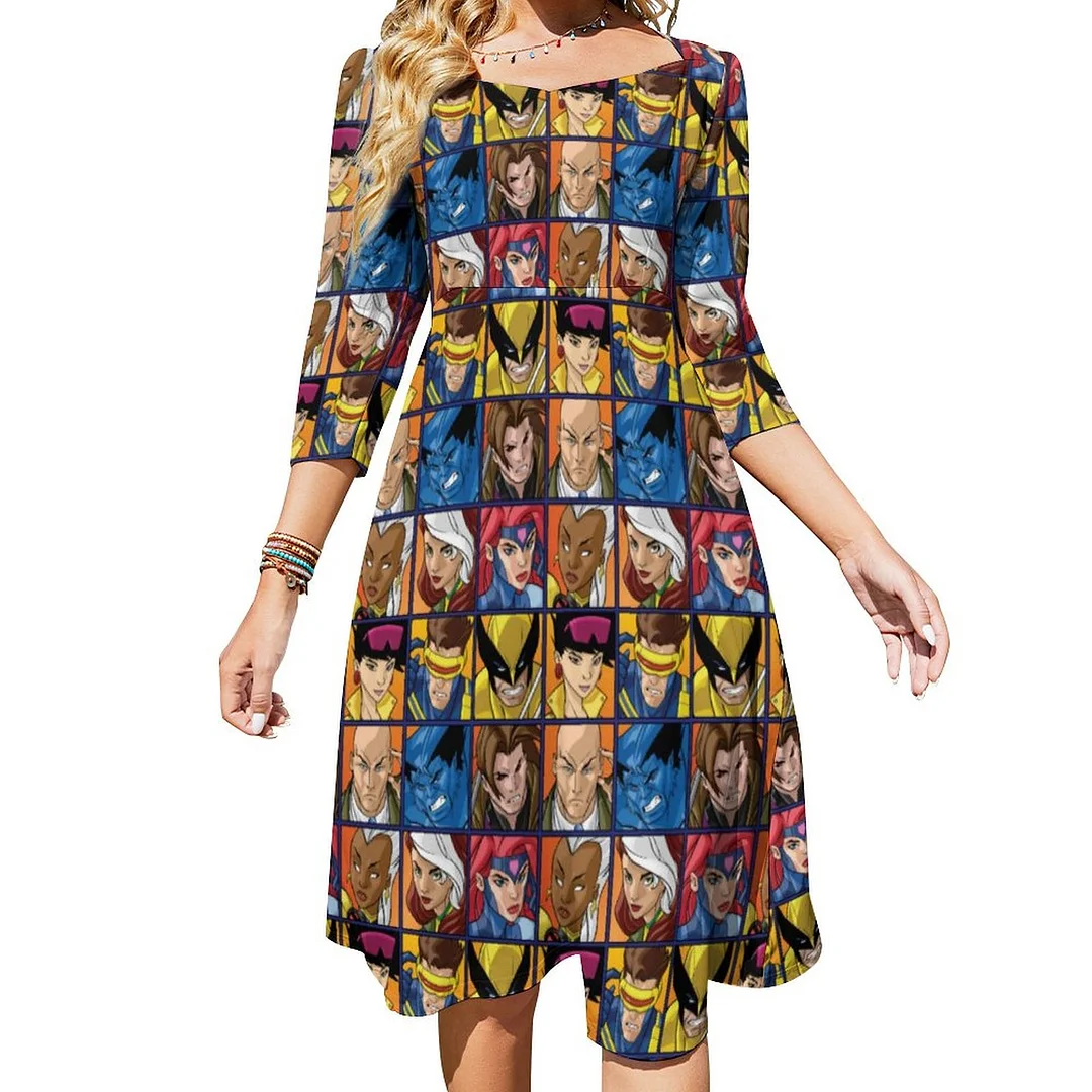 X Men Group Profile Grid Dress Sweetheart Tie Back Flared 3/4 Sleeve Midi Dresses