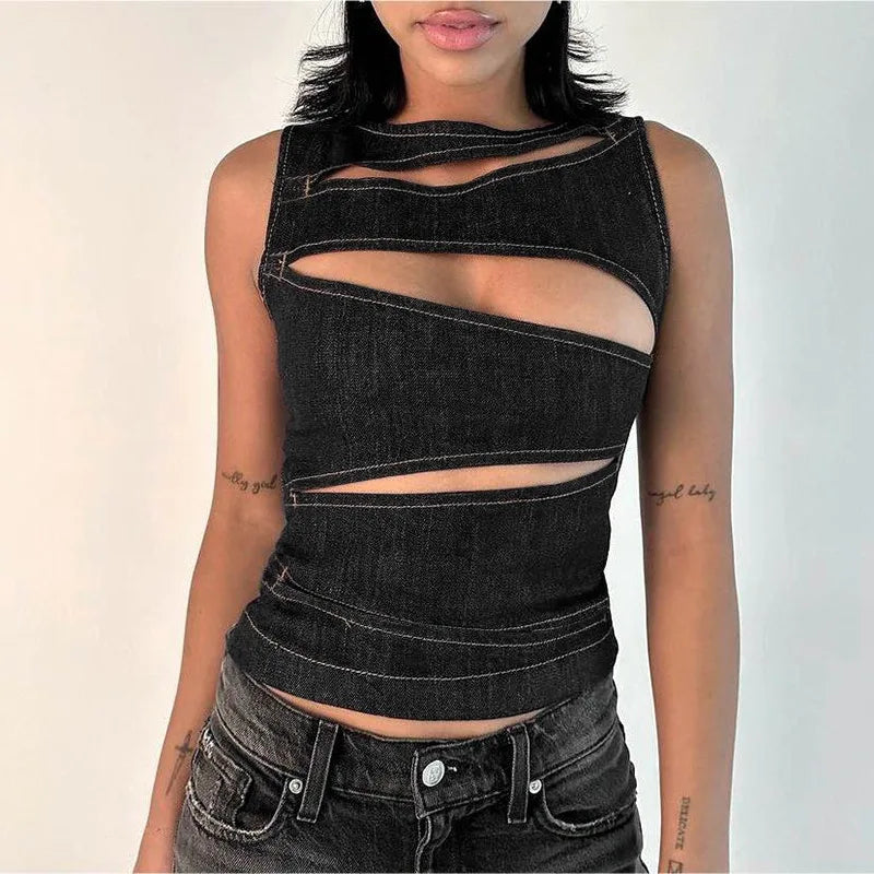 Beyprern Women's Sleeveless Round Neck Vest Summer Solid Color Hollow Slim Vest Top Fashion Sexy Streetwear Women's Slim Vest Top