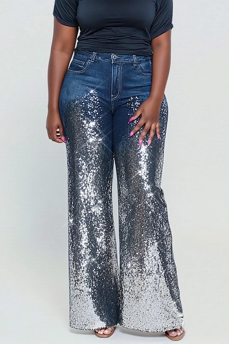 Xpluswear Design Plus Size Daily Blue Sequin Casual Contrast Denim Jeans [Pre-Order]